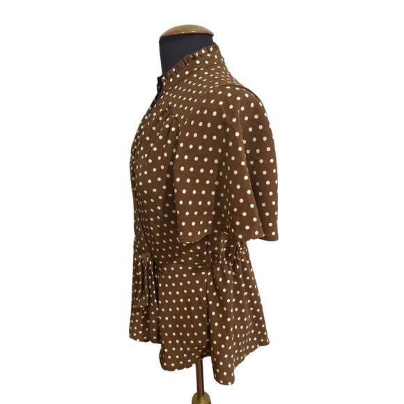 Monteau Brown Polka Dot Wrap Blouse Short Sleeve Lightweight Ruffled Collar Med - Picture 2 of 6